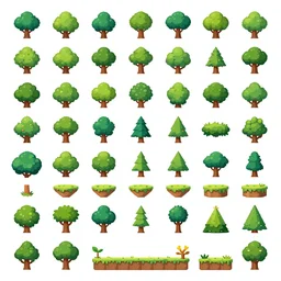 A game assets spritesheet from dofus Online, Ori and the blind forest and mobile.  HD vector Containing modular props,  terrain, trees, 2d side view, platform, vector art, very detailed
