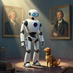 a robot and his dog painted by, mc escher, gordon onslow ford, georgia o'keeffe and ivan aivazovsky, cinematic light, god rays, unreal engine, zbrush central,
