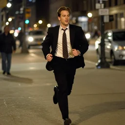 1 9 9 7 nathan lane wearing a black suit and necktie running down the streets of chicago at night.