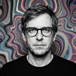 tommy ingberg portrait of a monochrome bespectacled man with a psychedelic background behind him high definition