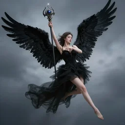 beautiful woman with black angelic wings holding a magical staff, falling from the sky, cinematic lighting, dramatic atmosphere, 4k resolution, trending on artstation