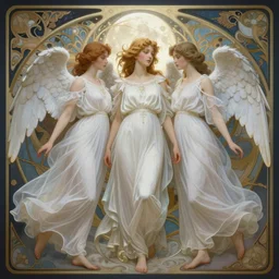 Angels in white gauze dresses, the glow of the moonlight, fantasy, intricate, elegant, highly detailed, digital painting, artstation, concept art, matte, sharp focus, illustration, art by Artgerm and Greg Rutkowski and Alphonse Mucha, trending on instagram