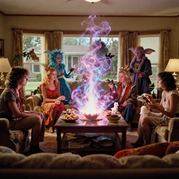 movie still by alejandro jodorowsky of a beautiful day in a family living room in a suburban neighborhood usa, visible magic energy, dream creature costumes, transcending cult members, talking animals, magic parade float, cinestill 8 0 0 t eastmancolor technicolor, high quality, very detailed, heavy grain, fine facial features, 8 k, octane render