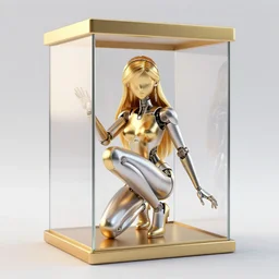 gold and silver tones, cybernetic princess trapped in a glass box, 3 d, style of moebius, james jean, mcbess, cinematic, highly detailed, award winning, 8 k photorealistic
