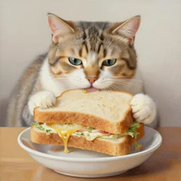 a painting of a cat biting a big sandwich from a bowl. Cat eating sandwich.
