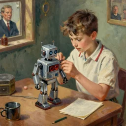 a boy fixing his robot, isometric, volumetric lighting, vintage 1 9 5 0 photorealistic by michael komarck, greg rutkowski, victo ngai, artgerm, norman rockwell, edward hopper, oil on canvas