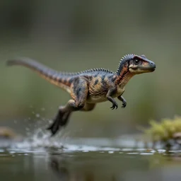 macro photo by national geographic of a tiny dinosaur jumping to a lake, fast shutter speed, motion blur, tiny gaussian blur, insanely detailed, insanely intricate, depth of field, low contrast, wide aperture, action photography