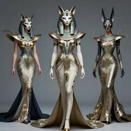 cat goddess editorial by iris van herpen, ancient egyptian haute couture by alexander mcqueen, kitsune still frame from'stargate'( 1 9 9 4 ), haute couture goddess kitsune by marek okon, expressive metal couture editorial by malczewsk