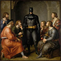 medieval painting of people having discussion with batman by Leonardo Davinci, elegant