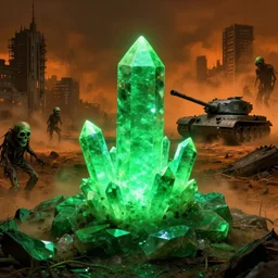glowing green alien crystals, polished green quartz surface irradiating radioactive zombie infested city, a brams tank, dark apocalyptic orange dust wasteland, beksinski