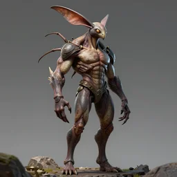 game concept art, muscular body, full height, chiroptera head, chiroptera ears, amphipod, hyperrealism, artstation, cgsociety, zbrush, no background