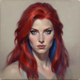 A detailed matte oil on canvas head on symmetrical fanart portrait of a distinguished elven woman  with red and blue hair by Charlie bowater and lise deharme wlop, trending on artstationhd,  dungeons and dragons art critical role