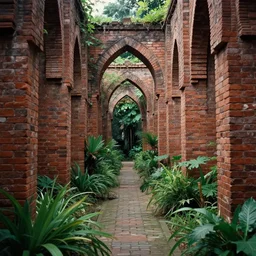 endless terraces and passageways made of beautiful brickwork, lots of plants, liminal space, mildly uncanny, found footage