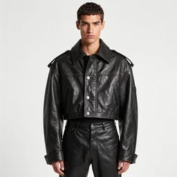 an award - winning editorial photo of a male model wearing a baggy designer medieval cropped leather menswear jacket by alexander mcqueen, 4 k, studio lighting