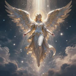 archangel descends from heaven, twinkling stars, clouds, god rays, ornate, majestic, mystical, artstation, unreal engine, highly detailed