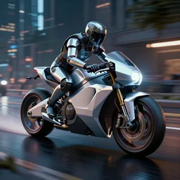 beautiful Product shot film still of a blade runner futuristic modern electric tron style motorcycle speeding down a wet street at night in cyperpunk city, motion, hard surface modeling, blade runner, octane, Ian Callum, Giorgetto Giugiaro, Leonardo Fioravanti , low polygon, chrome, trending on artstation, art by Karol Bak, Karol bak pastiche by Peter Mohrbacher, unreal, redshift, 3d model, 8k