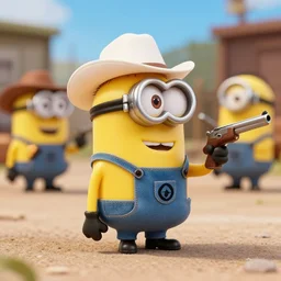 minion cowboy holding a gun shootout, 3 5 mm scene from a western movie, 1 9 8 6, color