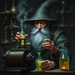 an old wizard operating a random pointlessly elaborate intricate contraption pneumatic machine, extracting a healing potion, dnd character art portrait, matte fantasy painting, deviantart artstation, by jason felix by steve argyle by tyler jacobson by peter mohrbacher, cinematic lighting