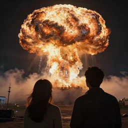 couple watching atomic explosion, mushroom cloud, hyper realism, cinematic shot, dramatic ambient lighting, epic composition, fine details, octane render, 8 k, vibrant colors, depth of field, concept art, digital art, deviantart artstation, extremely detailed, very sharp,