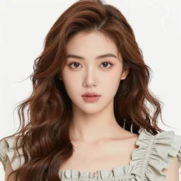 full color of a goddess with wavy hair, ruffly dress. symmetrical face. symmetrical detailed defined eyes..