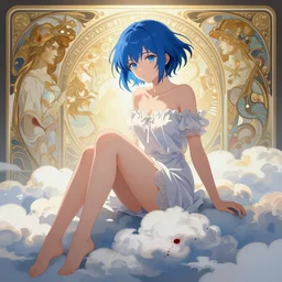 a girl with short blue hair and blue eyes is sitting on a cloud, anime style, light effect, anime style hyper detailed, illustration, bloody, intricate, elegant, digital painting, artstation, smooth, sharp focus, art by artgerm and greg rutkowski and alphonse mucha.