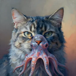 portrait of hybrid between cat & blobfish, intercrossed animal, mixture animal, by zdzislaw beksinski, by tiffany bozic, cold hue's, warm tone gradient background, concept art, beautiful composition, digital painting