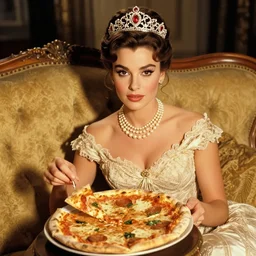 a photo of young sophia loren having pizza on antique luxury sofa, relaxed pose, intricate ornamented tiara, opulent pearl necklace, laced dress, beautiful, stunning, golden lighting, exquisit details, masterpiece, burlesque photo by letizia battaglia