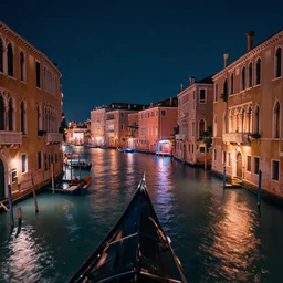 venice canals at night, from helicopter, vaporwave style, nightglow, neon signs 8 k shot on dslr, coherent nikon 6 0 0