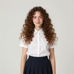 xjhdfgkjlhdslkfjghsdljf ghsldjkfhg lksjdhfglkjdshf glkjshdlfkjgh dsljfg hair blush buttons collared _ shirt curly _ hair floating _ clothes green _ eyes light _ smile long _ hair looking _ at _ viewer pleated _ skirt shirt short _ sleeves signature simple _ background skirt solo