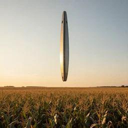 wide shot of a tall and thin monolithic spaceship hovering in the air 6 feet above a cornfield, late afternoon, golden hour, highly detailed, smooth, sharp focus, concept art by greg rutkowski and stanley lau and syd mead
