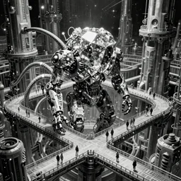 giant dimantled disassembled cyborgs with tentacles and wires on bridges and pipes walk through a huge cybernetic megastructure multi - level endless eternal labyrinth metropolis in space, black and white, by nihei tsutomu