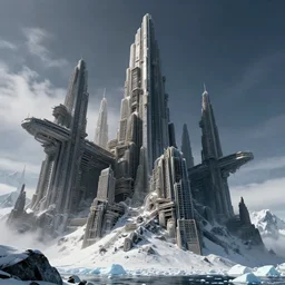 monolithic lovecraftian city of insane cyclopean towers and gravity - defying megastructures in the mountains of antarctica, upward angle, dramatic low lighting, by bill sienkiewicz, rodney matthews and stephen gammell, extremely hyperdetailed, photorealism, 8 k, 8 mm, octane