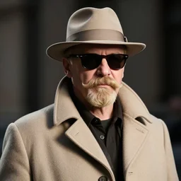 blonde Viktor Reznov portrait with a beige coat, a blonde goatee, thick moustache, beige fedora, and sunglasses, photorealistic, dramatic lighting