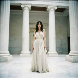 a full body portrait of a woman wearing an billowing dress, inside a white marble temple with colums, in the style of irakli nadar, soft lighting, film photography