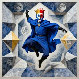 mc escher tessellation person jumping with abstract face makeup king blue cloak black gloves blue red light mullet sun moon symmetrical facial features hyper realistic 4 k rule of thirds extreme detail by gottfried helnwein raqib shaw - w 1 0 2 4