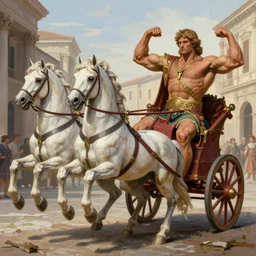 a highly detailed matte portrait painting of a hercules in a chariot pulled by white horses, on a roman street, flexing his muscles, in the style of greg rutkowski and alphonse mucha, digital art, sharp focus, highly realistic, octane render