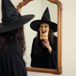 a witch with a bamboo head standing in front of a mirror!!!!!!! laughing