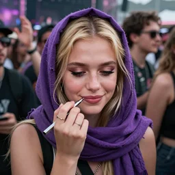 ultra high resolution close - up of a very beautiful young woman with blond long hair, making up, standing in crowd of music festival, looking down at the camera. her face is partially obscured by a purple scarf, and she has a lovely smiling expression. the light is dim, and the colours are muted. kodak etkar 1 0 0.