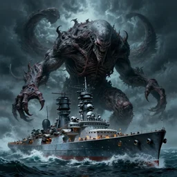 an ultradetailed illustration of cthulu destroying a battleship, cthulu, ominous and scary, dark thunderstorm, lovecraftian horror, monster from beneath the waves, intricate detail, cinematic, 8 k, cel shaded, volumetric lighting, octane render, art by greg rutkowski and albert bierstadt