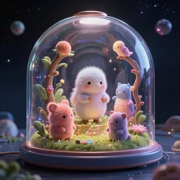 imagine a magical, place where all your dreams come true, sealed in a a cryochamber in space with a glass dome, cute creatures, highly detailed, cgsociety, raytracing, unreal engine 5, cinematic lighting, 8 k