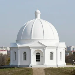 white dome mansion on a hill, with postsoviet city in the background distance