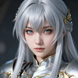 sakimi chan, detailed face, silver fantasy armor with gold filagree, detailed face, tony sart