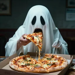 creepy ghost eating a pizza