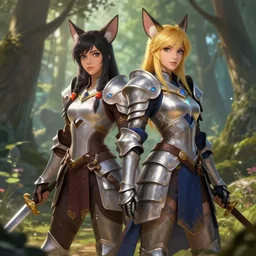 fantasy art of ahri and sona in medieval armor on a forest background