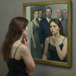 a woman sees herself in the after life from the reflection of a mirror she is looking at by jacek yerka, alex gray, zdzisław beksiński, dariusz zawadzki, jeffrey smith and h.r. giger, oil on canvas, 8k highly professionally detailed, trending on artstation
