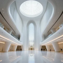 futuristic mosque interior, symmetrical, photorealistic, by zaha hadid