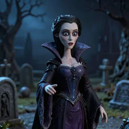 photo taken of an epic intricate, ultra detailed, super realistic stop motion puppet of a majestic gracious regal aristocratic brunette female vampire in a graveyard filmset created by weta workshop directed by tim burton, menacing, close up shots, moody night time scene, photorealistic, sharp focus, gloomy, extremely cold blueish colour temperature, 3 5 mm, f 1. 4