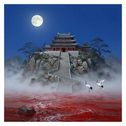 a gorgeous landscape painting by barlowe wayne maxfield parrish and marco mazzoni. drak blue night sky. just one moon!! chinese temple. he winding steps. three cranes. ultra clear detailed. 3 d, octane render. turbulent blood lake. fog