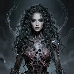 beautiful woman fused with a soulless husk, lovecraft, exorcist, possessed, android, cosmic entity, the thing, the blob, long curly hair, ghostly, portrait, intricate details, by vincent di fate, artgerm, julie bell, beeple and Greg Rutkowski, 80s, concept, Smooth gradients, octane render, 8k, High contrast, duo tone, depth of field, very coherent symmetrical artwork