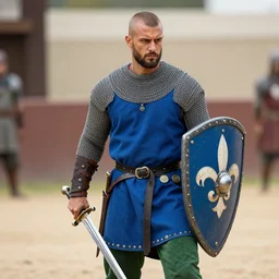 an olive skinned, fierce, medieval stout knight with a blue tunic over chainmail, green pants with a black leather belt and a coin pouch, holding a blue kite shield with fleur - de - lis symbols, holding a short sword in an arena, real life, gladiator